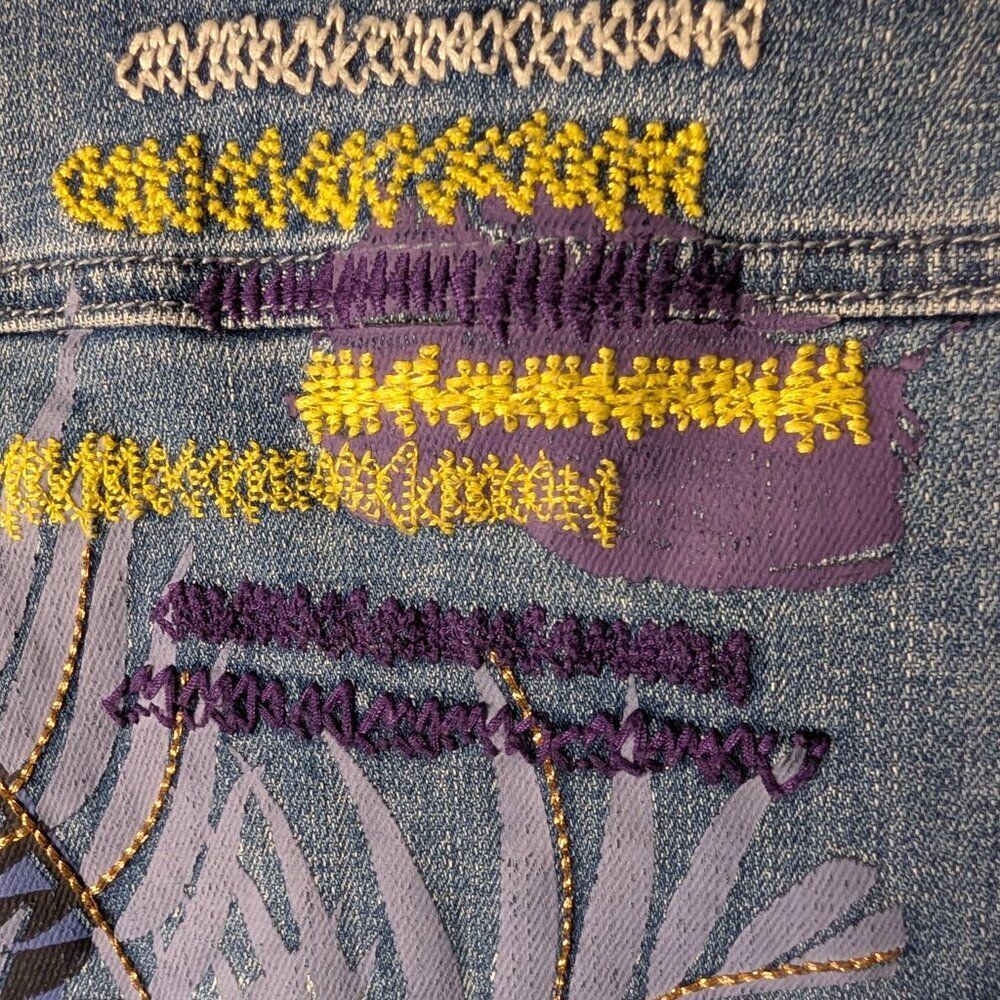 Chico's Tropical Embroidered Denim Jacket Small Blue Floral Boho Jean Coat - Picture 10 of 14